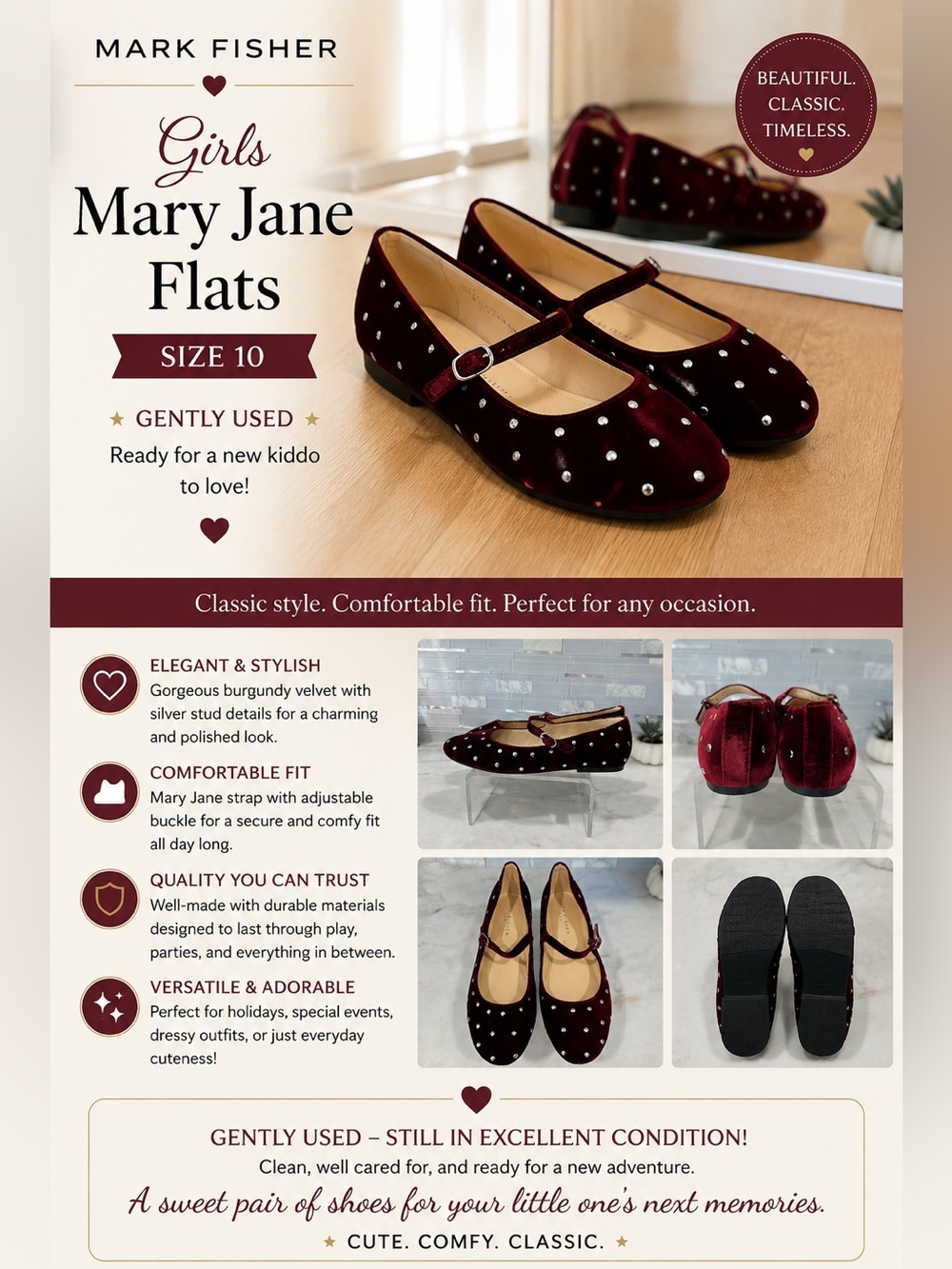Marc Fisher Burgundy Velvet Mary Jane Flats with Silver Studs Size 10M